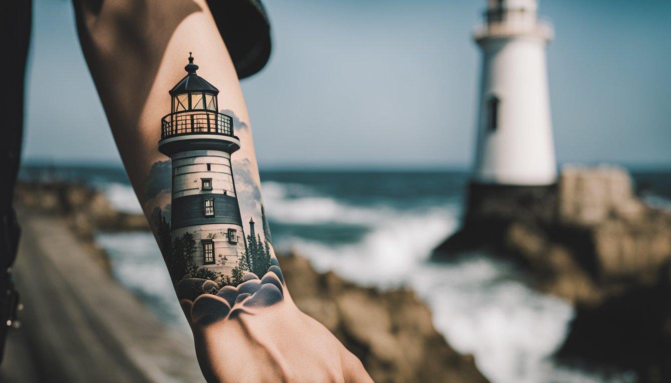 meaningful lighthouse tattoo infront of real lighthouse