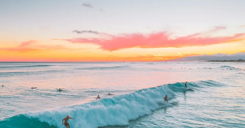 Beautiful sunset with surfers